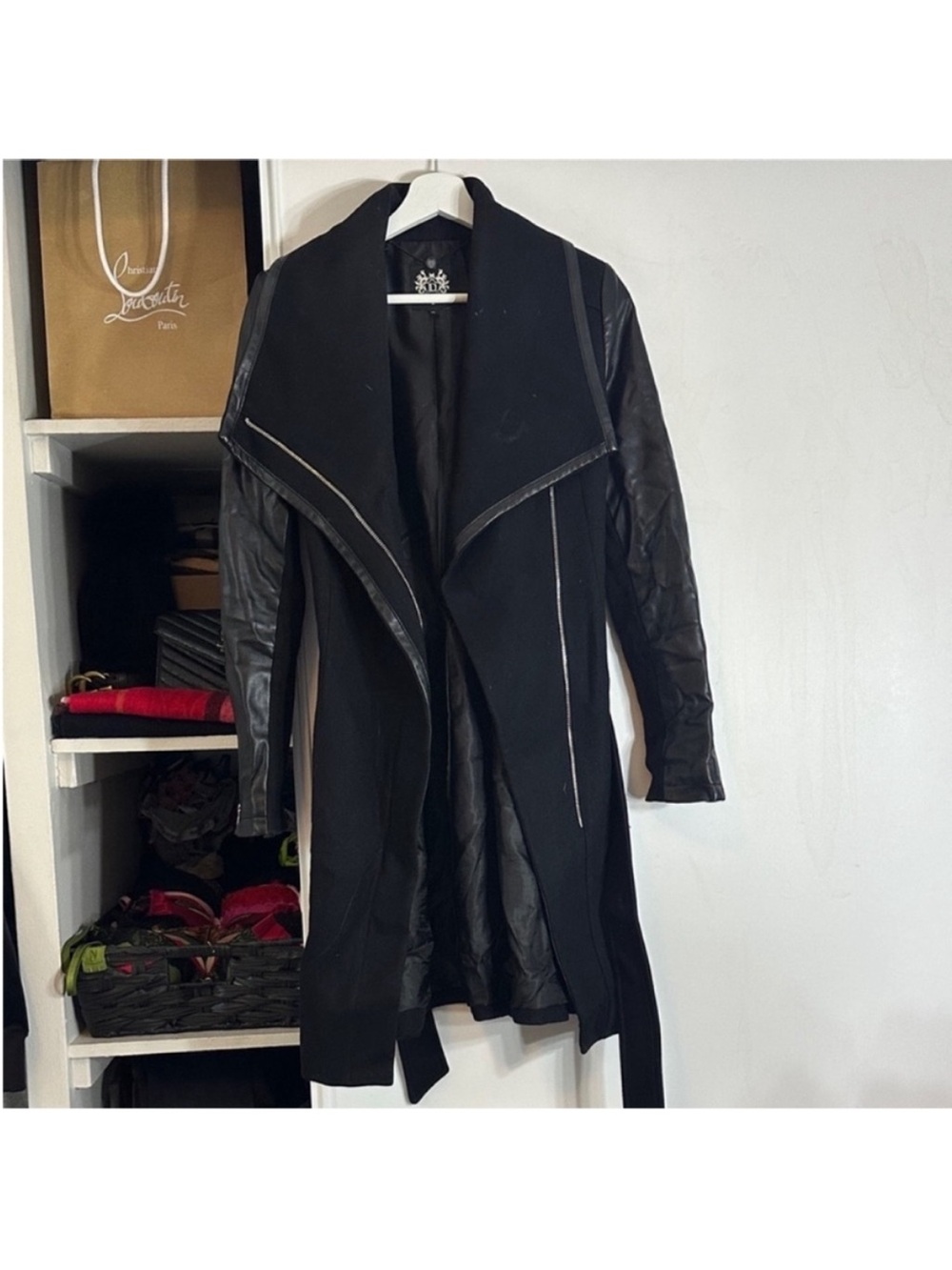 Dawn Levy Black Draped Trench Coat with Faux Leather Sleeves